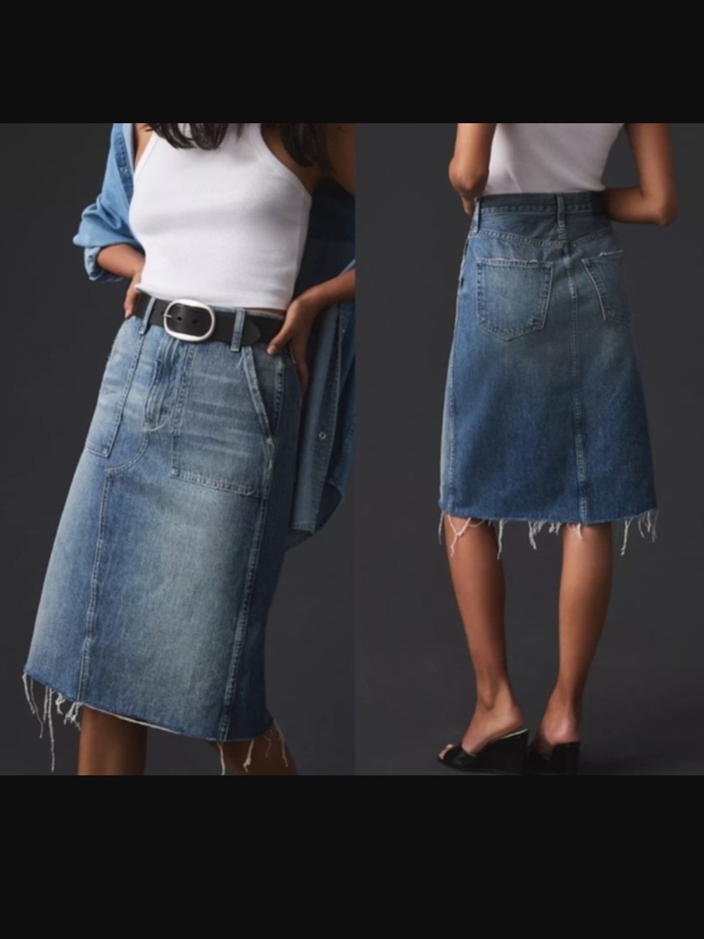 AMO Faded Blue Denim Midi Skirt with Raw Hem